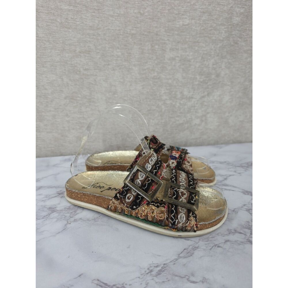 Free People Embellished Double-Buckle Slide Sandals in Metallic Gold